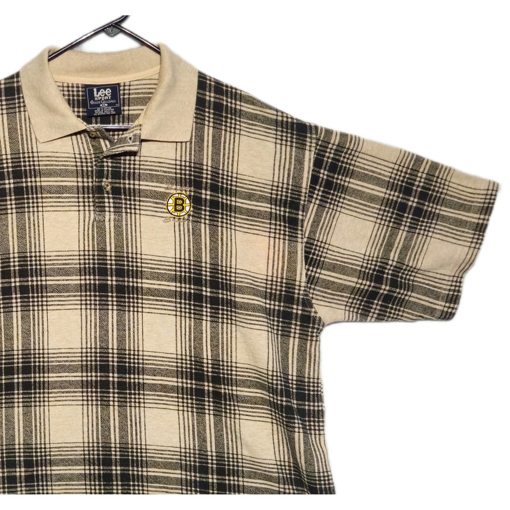 Lee Sport Mens Polo Shirt XL Tan Black Plaid Boston Bruins NHL Embroidered Logo